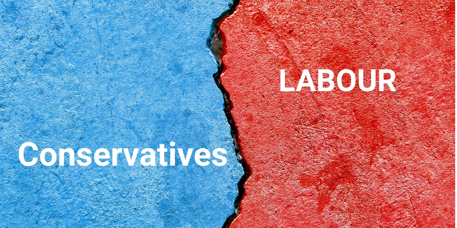 Abstract election concept, blue vs red colours with a crack running down the centre of the image, representing the split between Tories and Labour.