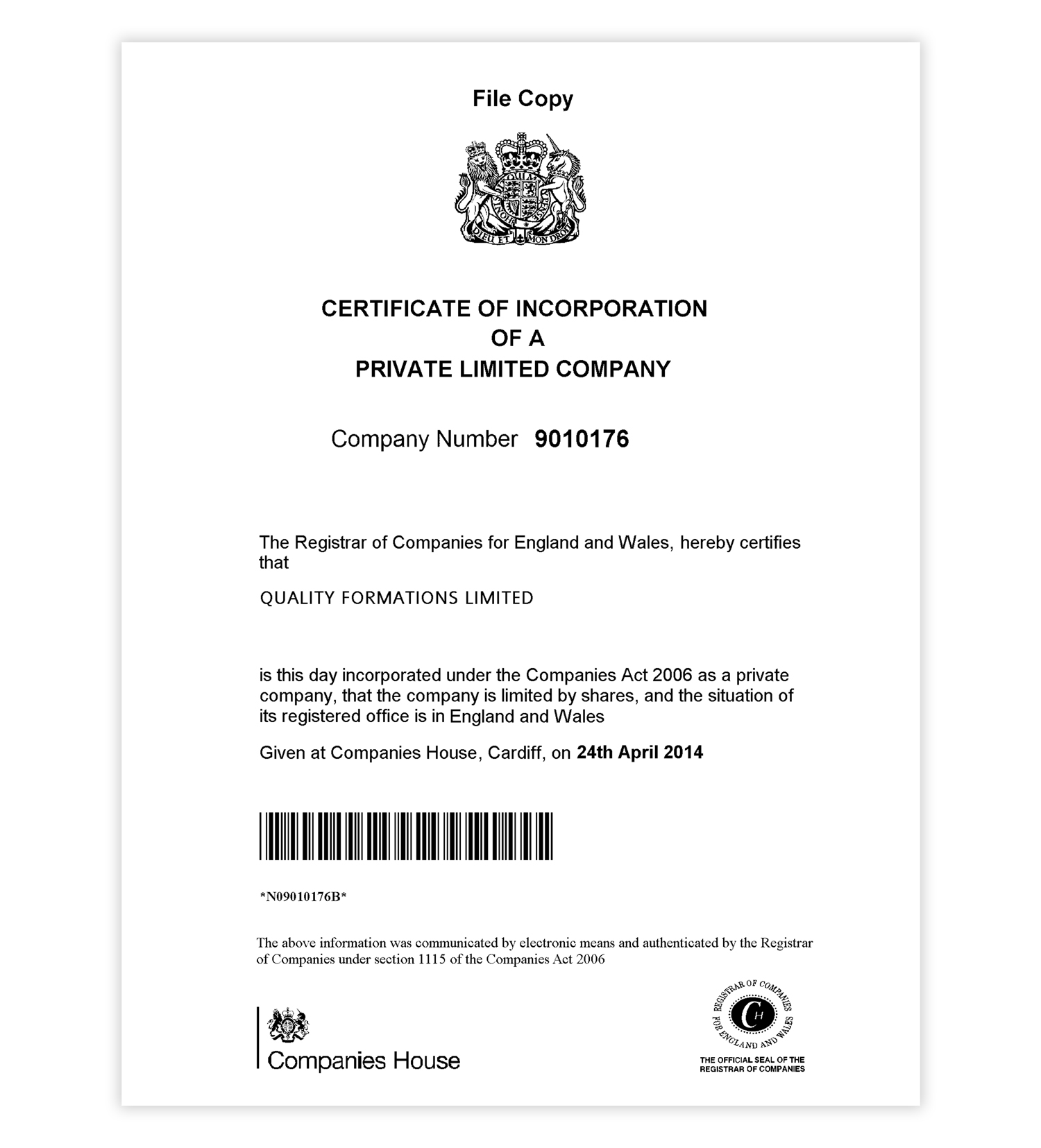 Certificate of incorporation example