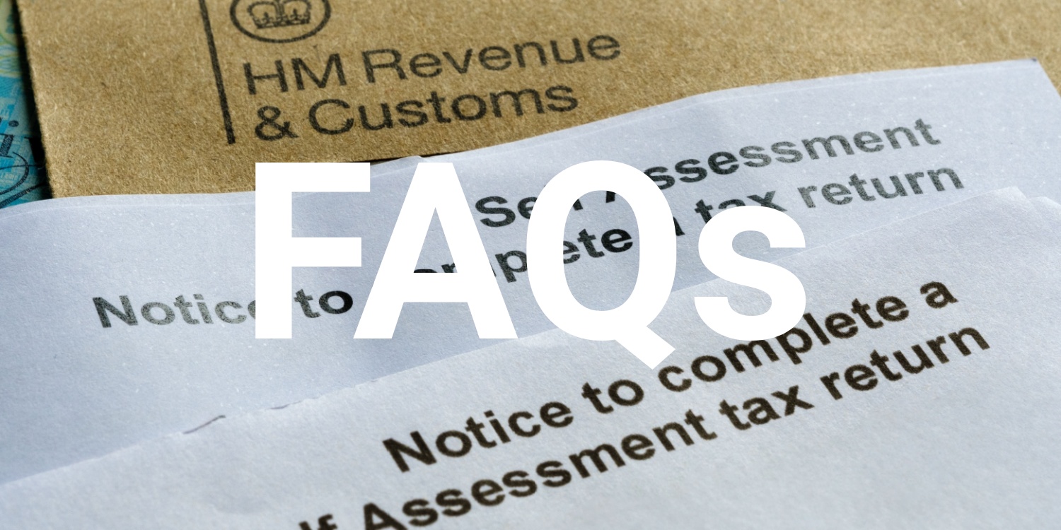 HMRC Notice to complete Self Assessment tax return seen on the authentic paper letters. Stafford with a large headline of 'FAQs' in white font.