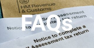 HMRC Notice to complete Self Assessment tax return seen on the authentic paper letters. Stafford with a large headline of 'FAQs' in white font.